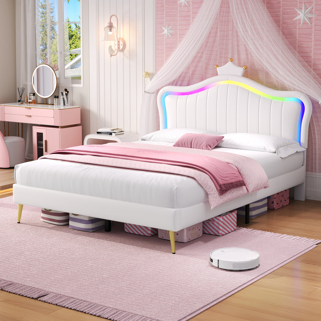 4ft6 Double Upholstered Bed with LED Adjustable Crown Shape Headboard, PU Leather Bed Frame with Solid Wood Slat, No Box Spring Needed, Easy Assembly, Cream White (No Mattress)