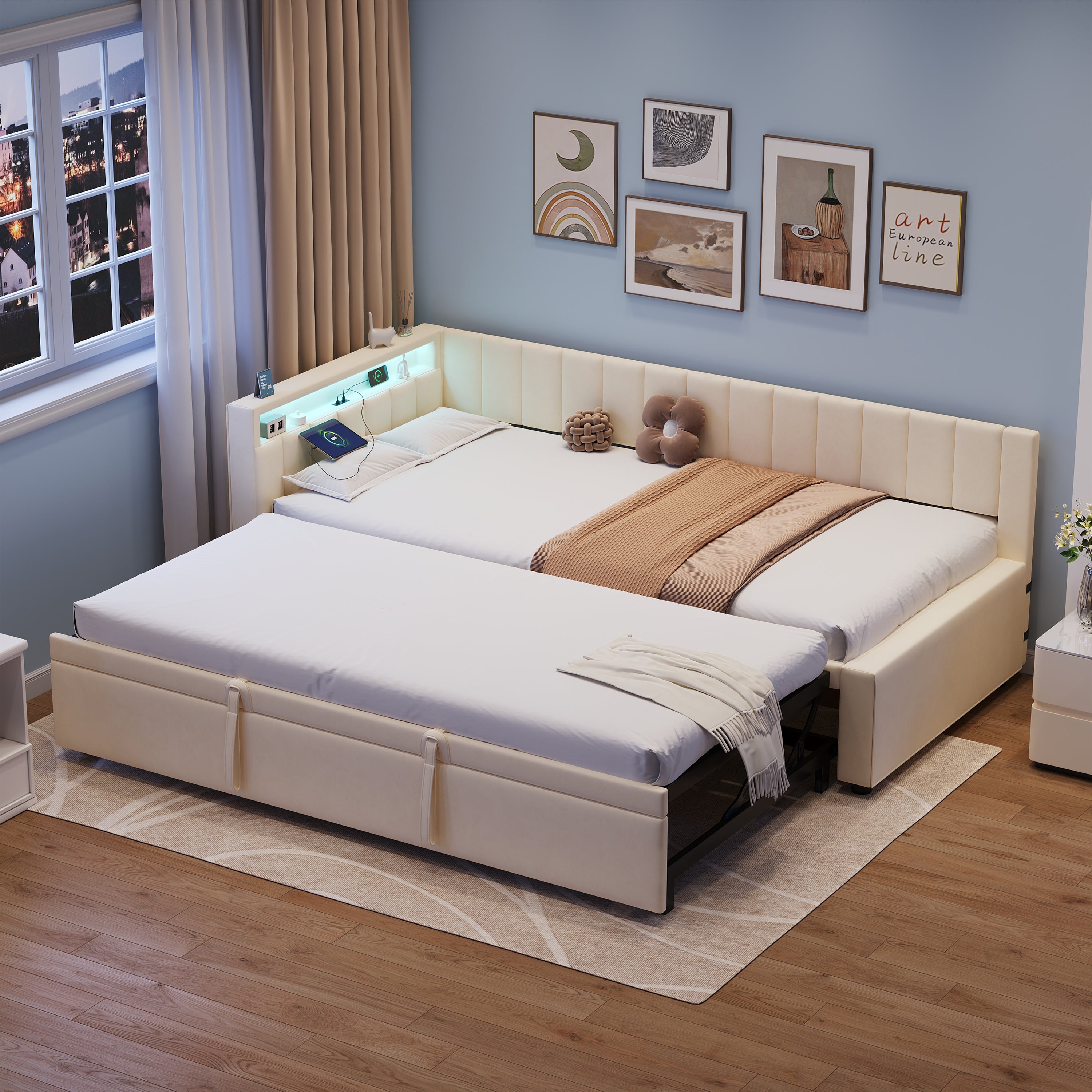 3ft Single Velvet Daybed, Sofa Bed with RGB LED Lights and Charging Station, Upholstered Sofa Bed with Trundle, Pull out Trundle Bed for Living Room, Bedroom or Study, Beige (No Mattress)