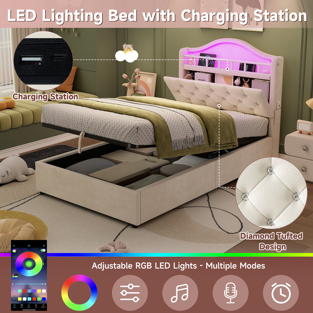 3ft Single Hydraulic Bed in Velvet, LED Bed Frame with Charging Station & Diamond Tufted Headboard, Multi-zone Storage, Solid & Stable Base,Beige (No Mattress)