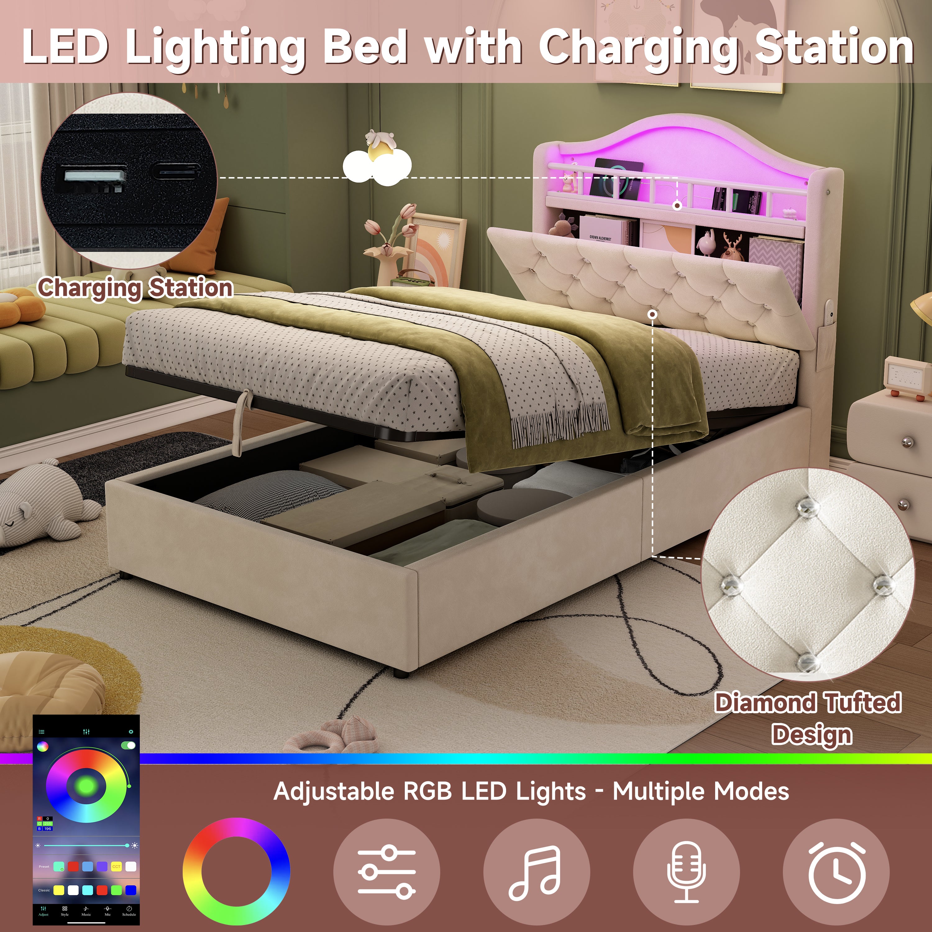 3ft Single Hydraulic Bed in Velvet, LED Bed Frame with Charging Station & Diamond Tufted Headboard, Multi-zone Storage, Solid & Stable Base,Beige (No Mattress)
