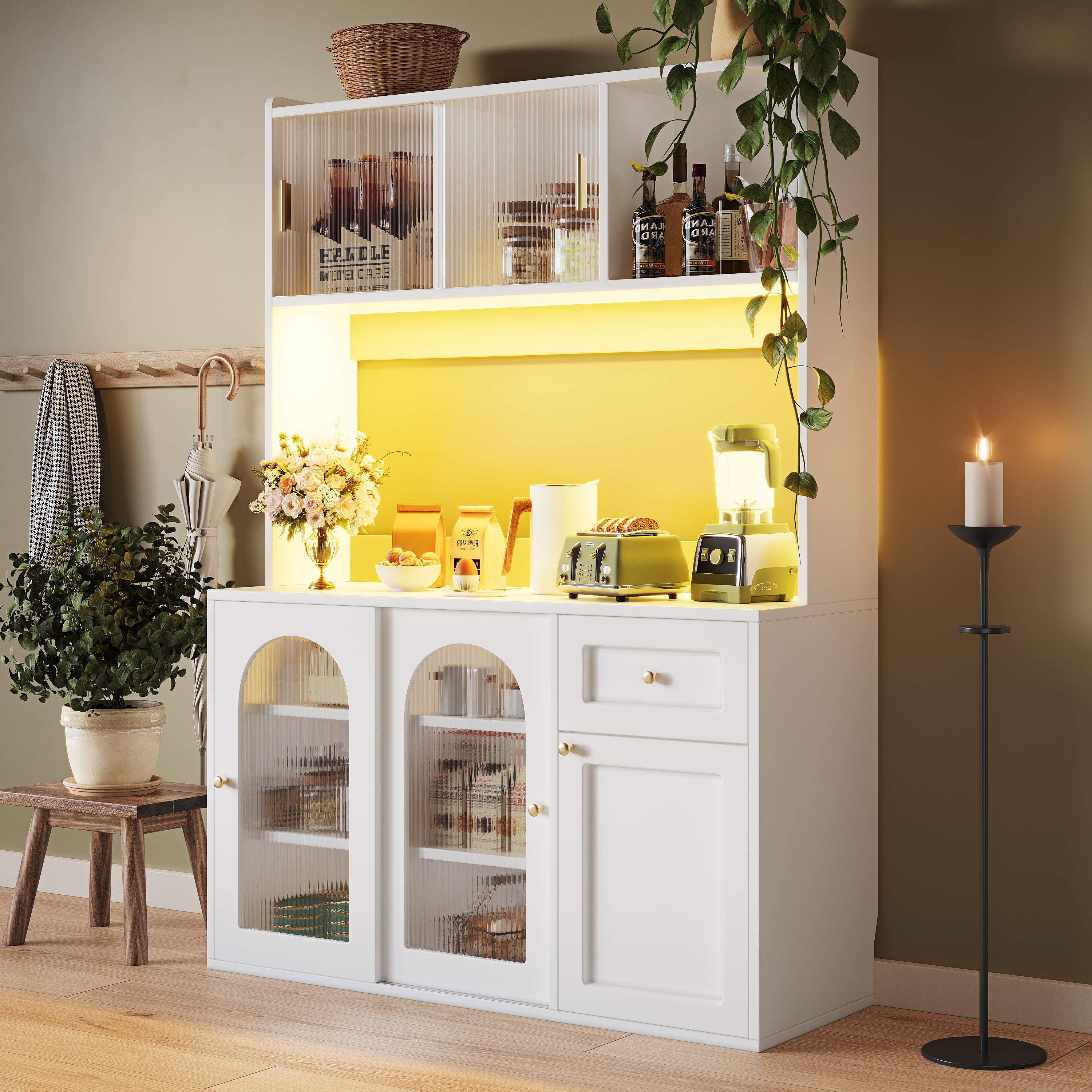 Kitchen Cabinet(120*35*167cm), Tall Cabinet, Display Cabinet, Buffet Cabinet with Adjustable Shelves, Dining Room Cabinet, Sideboard with LED Lighting, White/Black