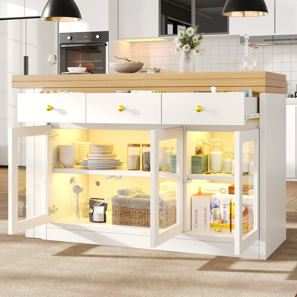 Extendable Kitchen Island with LED Lights, 120-200cm Adjustable Dining Table with Storage, 3 Drawers & Glass Cabinets, White/Black