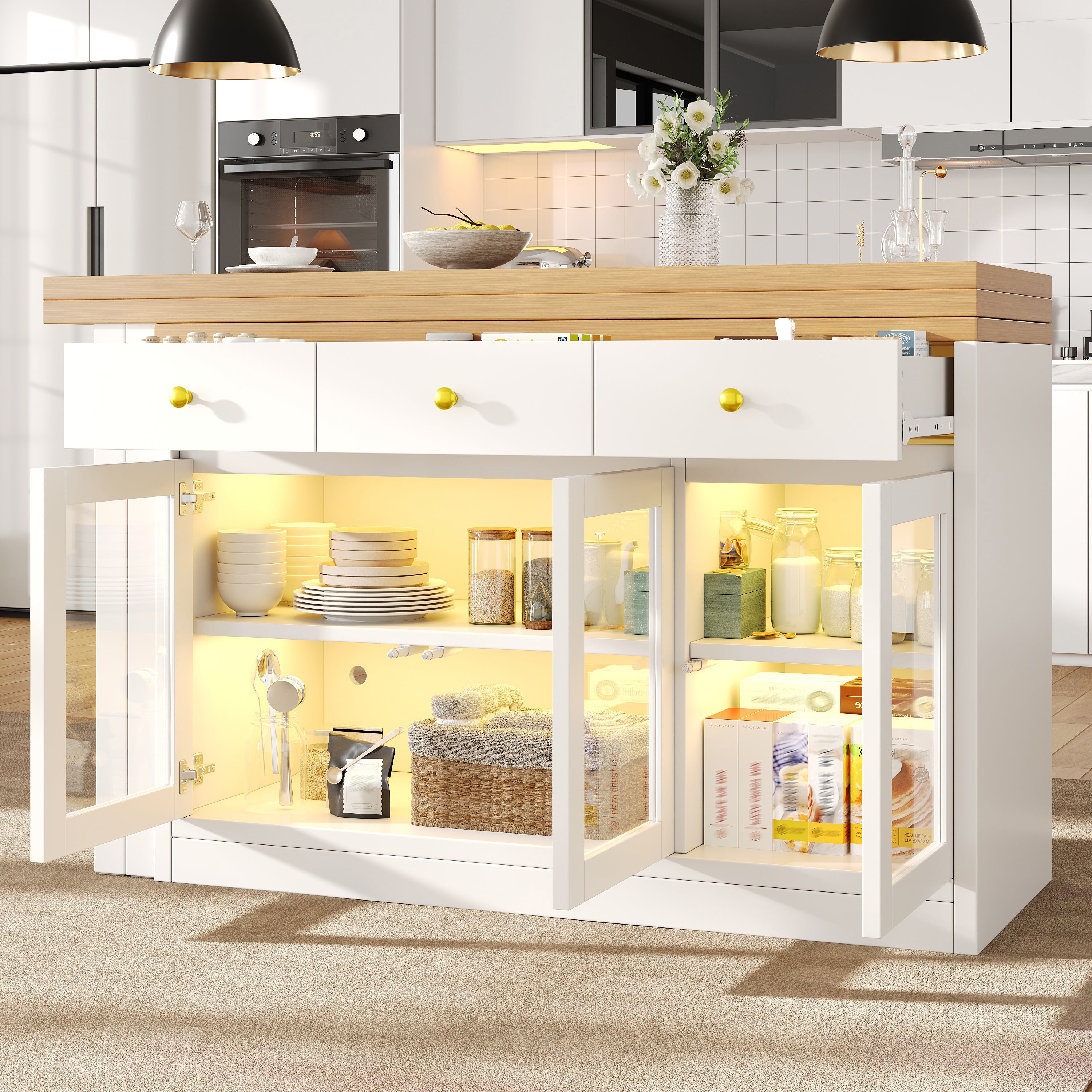 Extendable Kitchen Island with LED Lights, 120-200cm Adjustable Dining Table with Storage, 3 Drawers & Glass Cabinets, White/Black