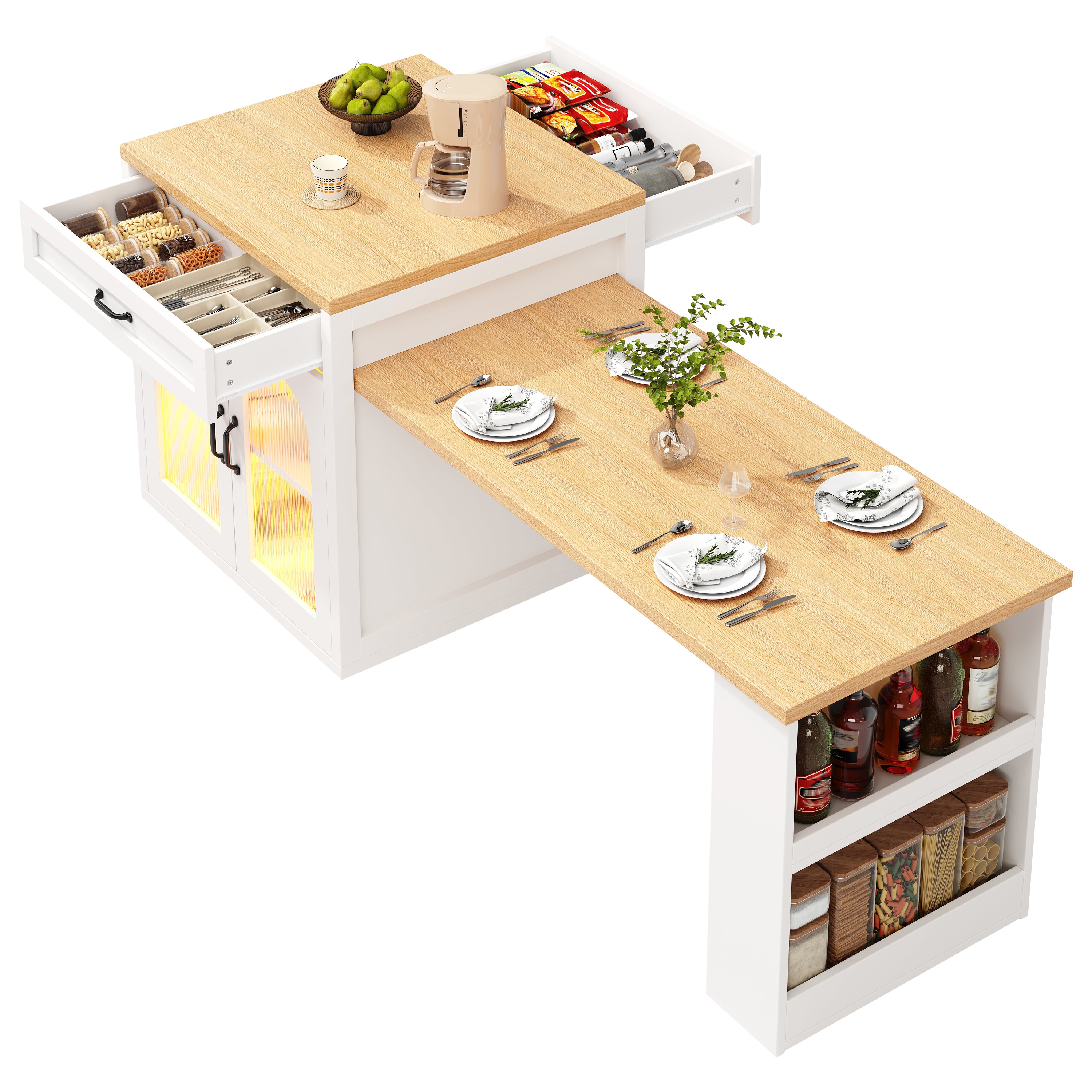 Extendable Kitchen Island with LED Lighting, Modern Storage Cabinet with 2 Drawers & Adjustable Shelves, Kitchen Sideboard with Fluted Glass Doors, MDF Kitchen Countertop for Dining Room