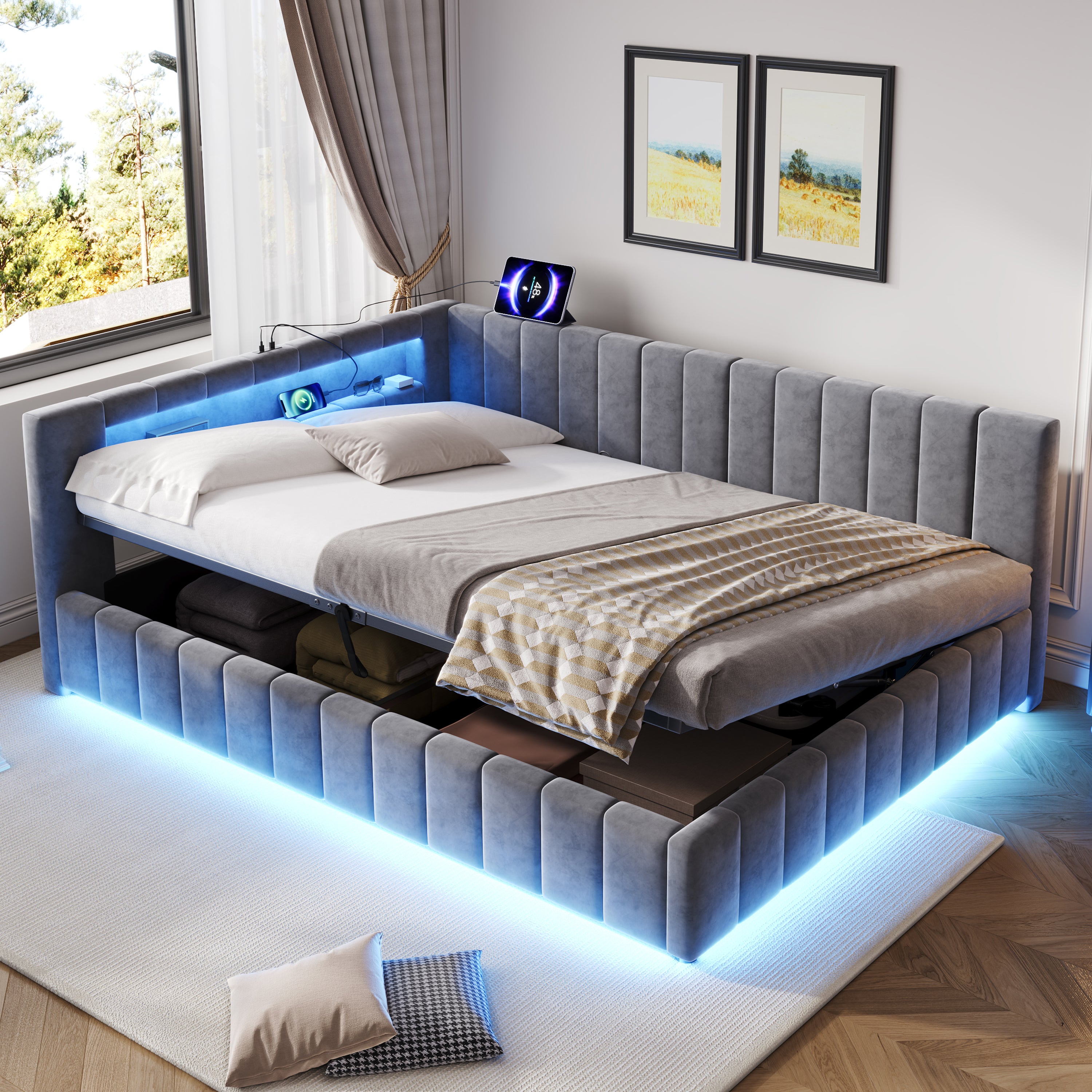 4ft6 Double Velvet Side Hydraulic Storage Bed with Smart RGB LED Lights & Charging Station, Side Opening Ottoman Bed Frame with Type-C & USB Ports, Channel Tufted, Grey(No Mattress)