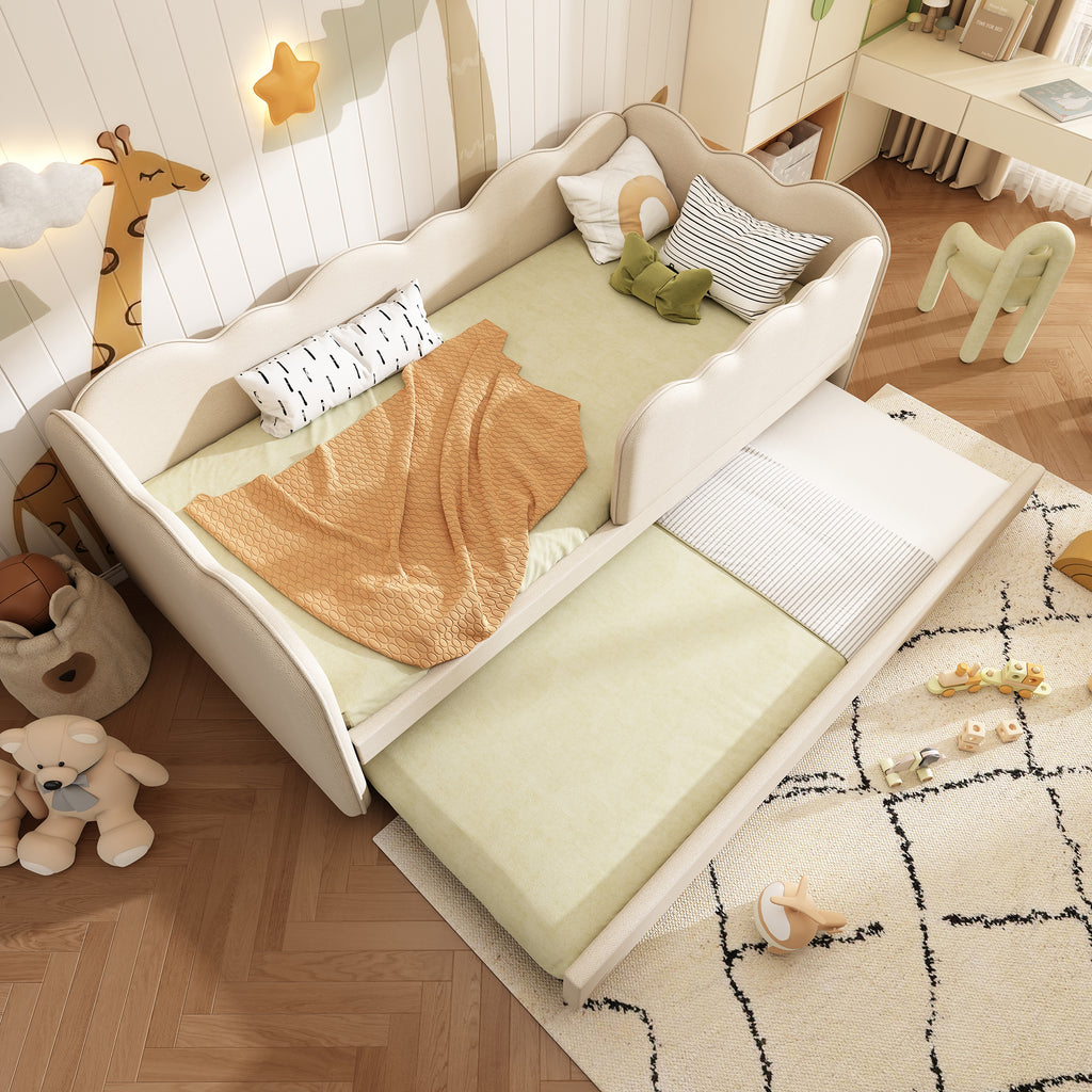 Upholstered Bed Daybed 90 x 190 cm, 3FT Single Bed with Pull out Trundle, Sofa Bed For Adults and Children, Single Daybed With Slatted Frame, Linen, Beige (No Mattress)
