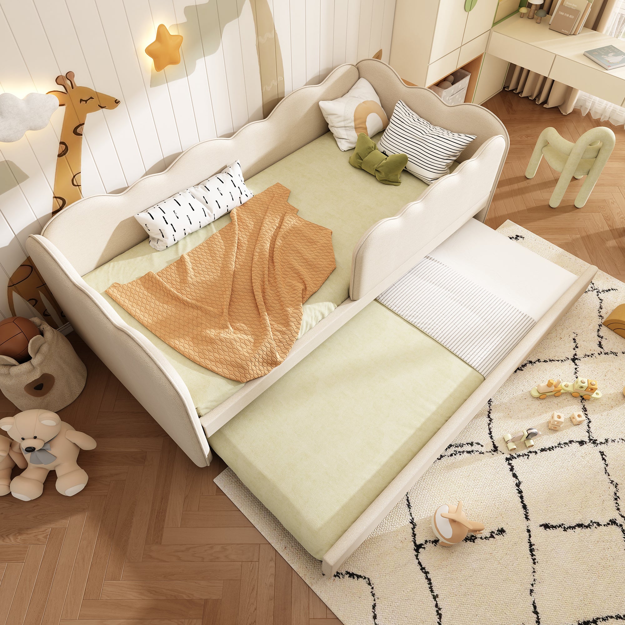 Upholstered Bed Daybed 90 x 190 cm, 3FT Single Bed with Pull out Trundle, Sofa Bed For Adults and Children, Single Daybed With Slatted Frame, Linen, Beige (No Mattress)