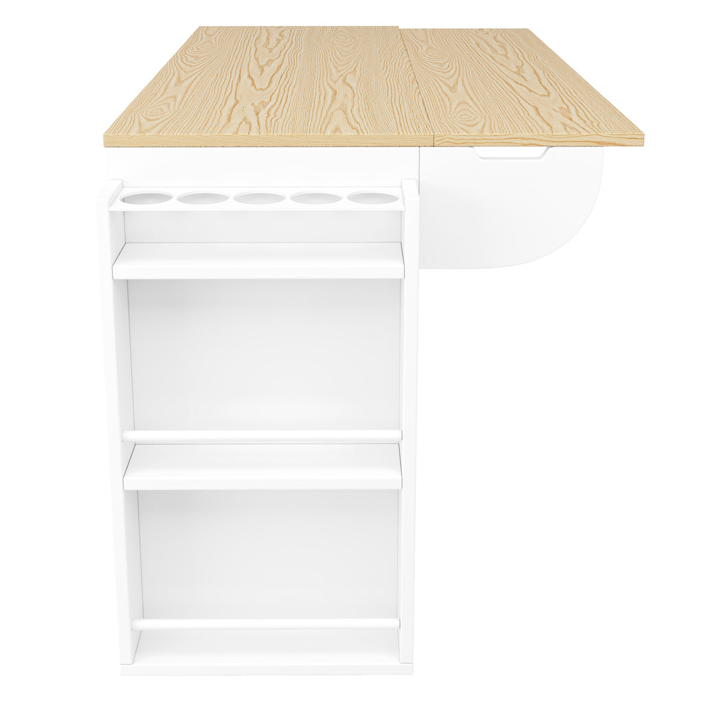 Kitchen cabinet, serving trolley with wood grain finish, kitchen trolley with castors and worktop, with spice rack and towel rail, kitchen island with sliding doors and drawers, white