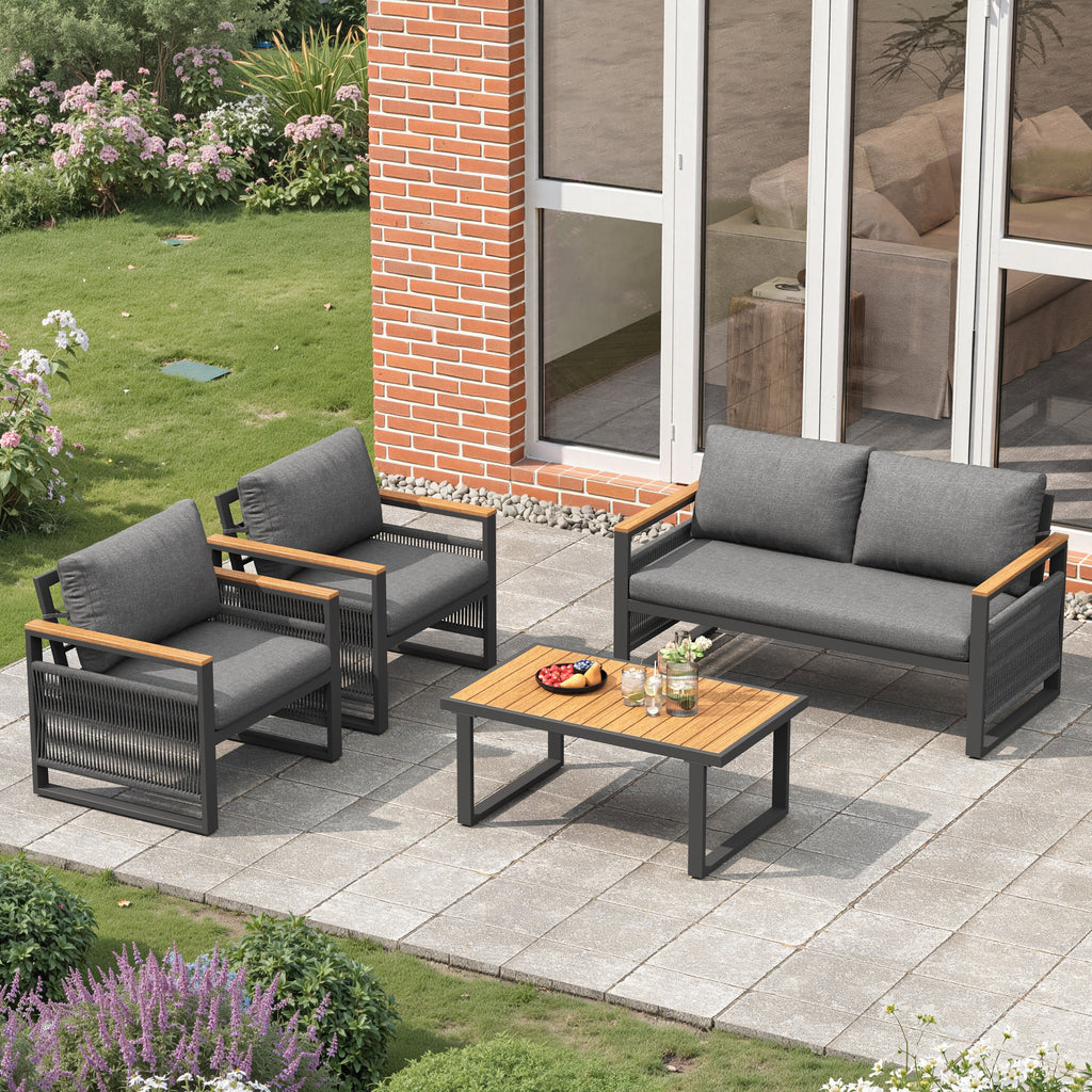 4 Seater Garden Set with Plastic Wood Coffee Table & Handrail, Polyester Rope Outdoor Set with Sofa and Armchairs, Weatherproof Outdoor Patio Sofa for Balcony and Terrace, Linen, Grey