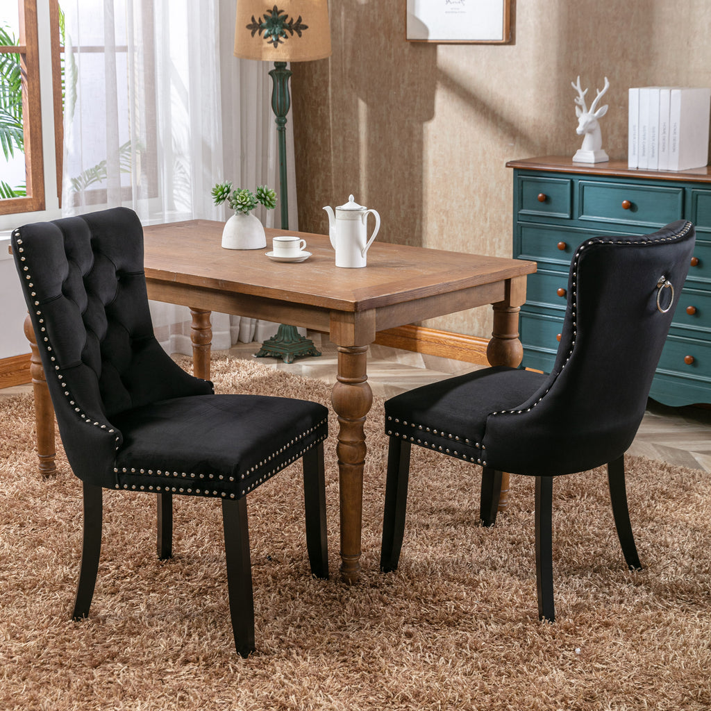 Modern Set of 2 Upholstered Velvet Dining Chairs, Button Tufted Kitchen Lounge Chairs with Solid Wood Legs, Riveted Trim and Knocker Ring, for Dining Room Living Room, Black