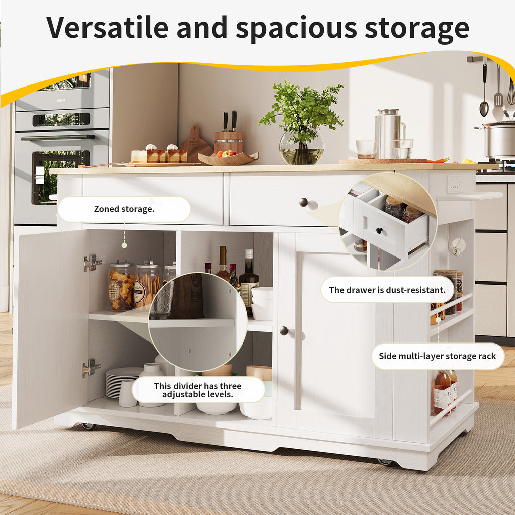 Kitchen island, kitchen trolley equipped with power strip, kitchen cabinet, serving trolley with worktop, buffet cabinet, dining trolley with wood grain, white