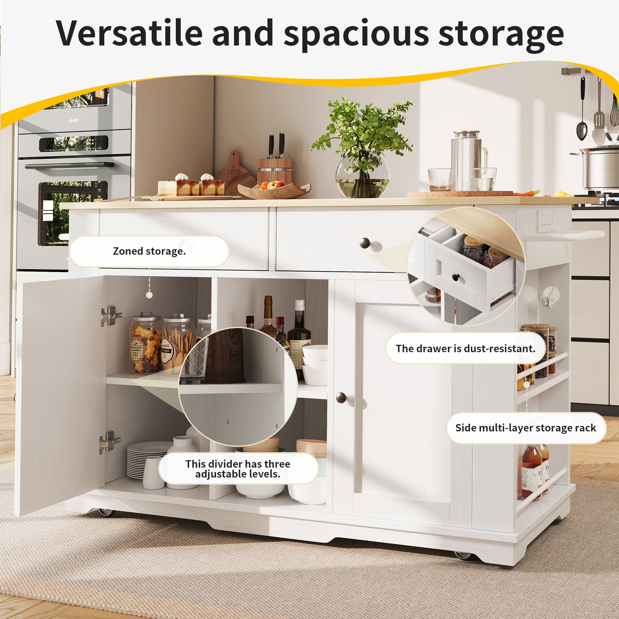 Kitchen island, kitchen trolley equipped with power strip, kitchen cabinet, serving trolley with worktop, buffet cabinet, dining trolley with wood grain, white