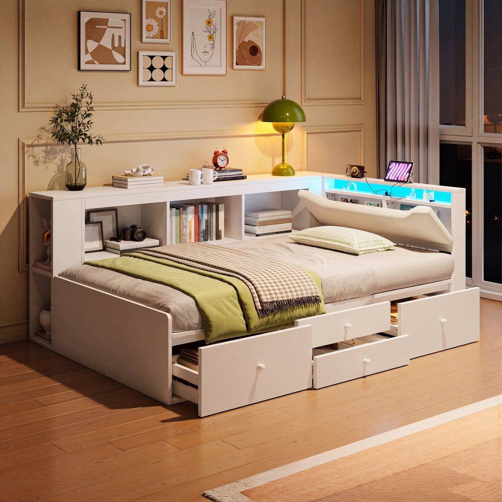 3ft Single Tatami Wooden Bed Frame with Underbed Storage and Drawers, LED Linen Headboard with Charging Station and Concealed Headboard Storage, Bedside Bookshelf Compartment, White (No Mattress)
