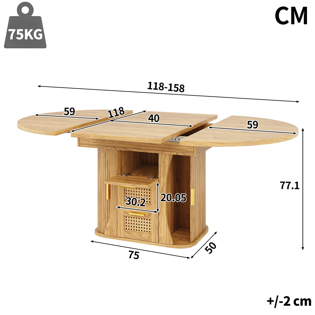 Extendable dining table with storage, 118–158cm table with rattan drawers, MDF wood look, black / natural wood / oak look