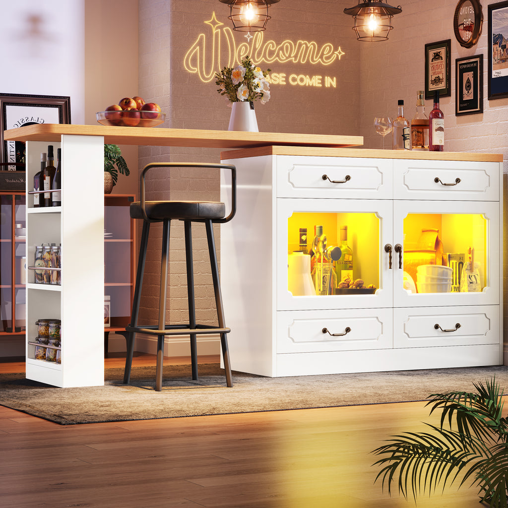 360° Rotating Kitchen Island Bar Table with App Controlled LED Lights, Buffet Sideboard with 4 Drawers & Glass Cabinet, Multifunctional Dining/Work Desk for Living Room & Kitchen