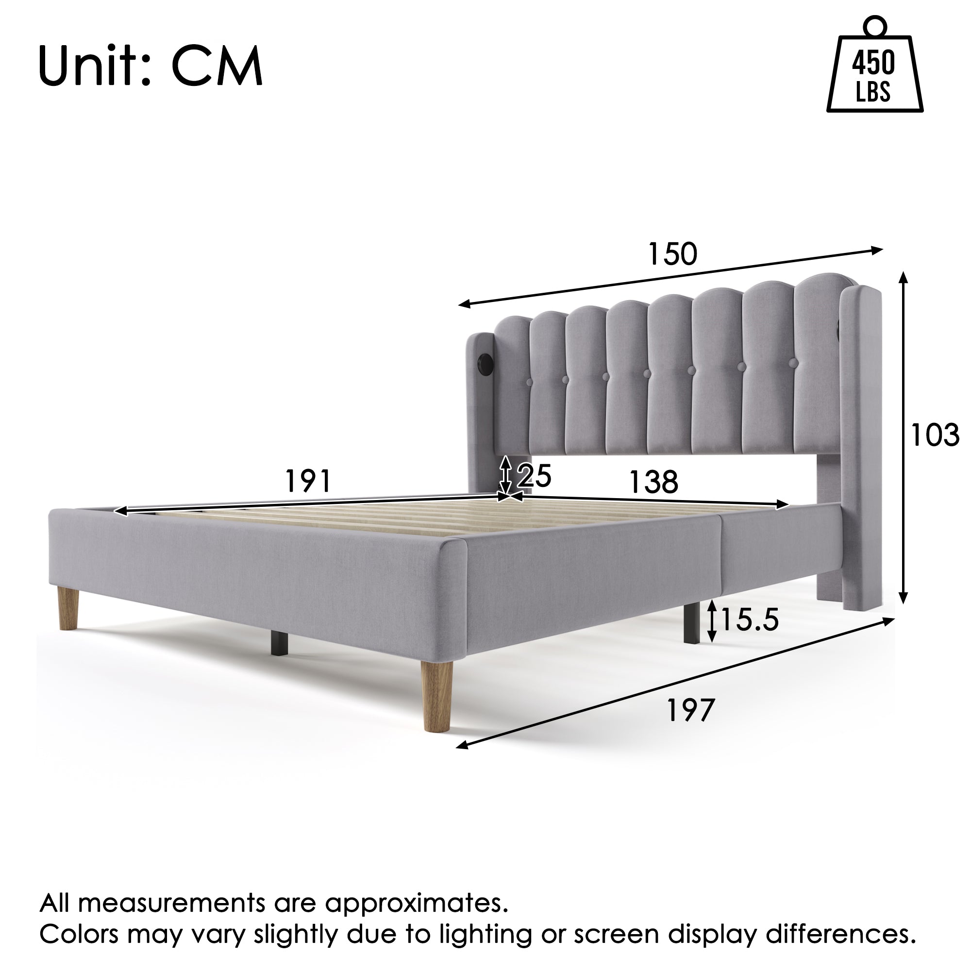 Upholstered Double Bed with USB and Type-C Charging, Bed Frame with Wooden Slatted Frame, Teenager Bed for Bedroom & Guest Room,4ft6 135 x 190 cm Bed Frame, Grey, Linen Material (No Mattress) .