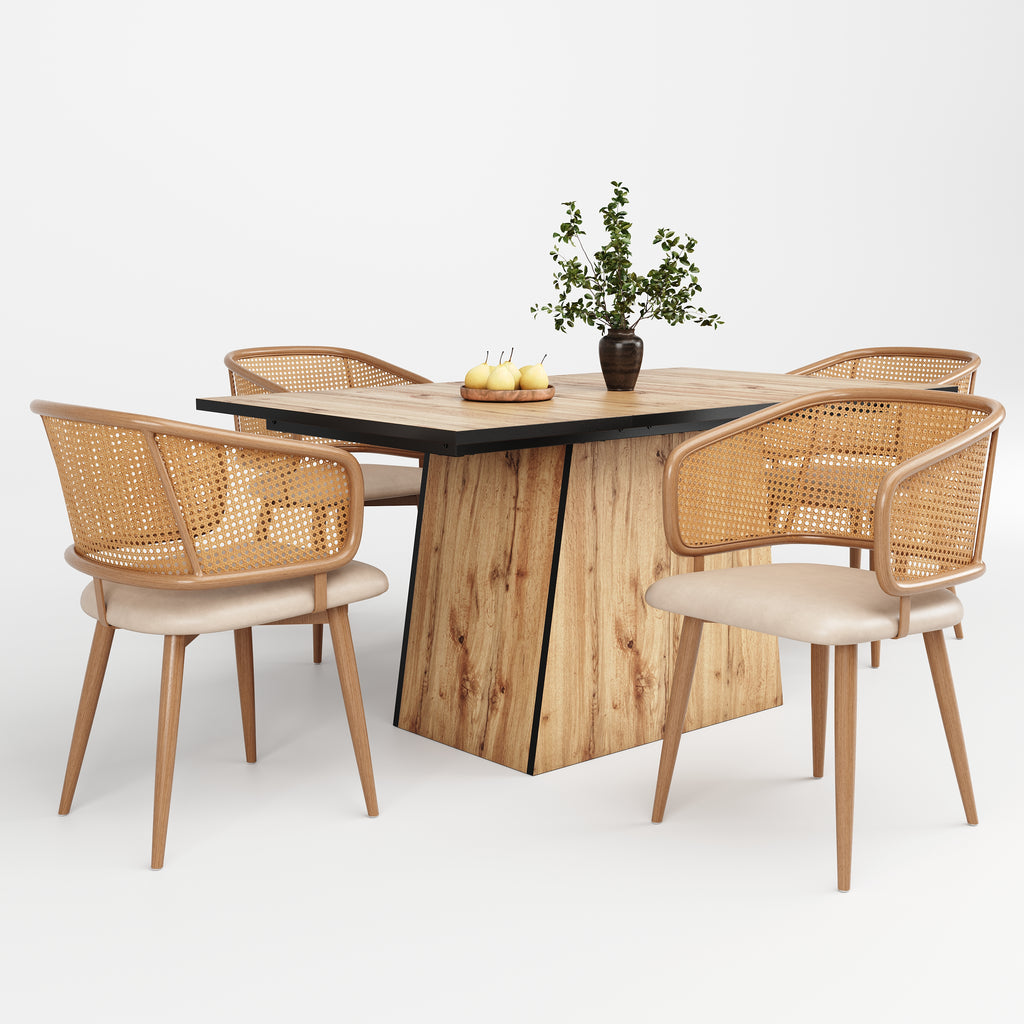 Modern Dining Chairs (4 pcs) with Rattan Backrest & PU Leather Seat, Breathable and Comfortable Dining Chairs for Restaurant, Living Room, Café , Contemporary Simple Style, Beige
