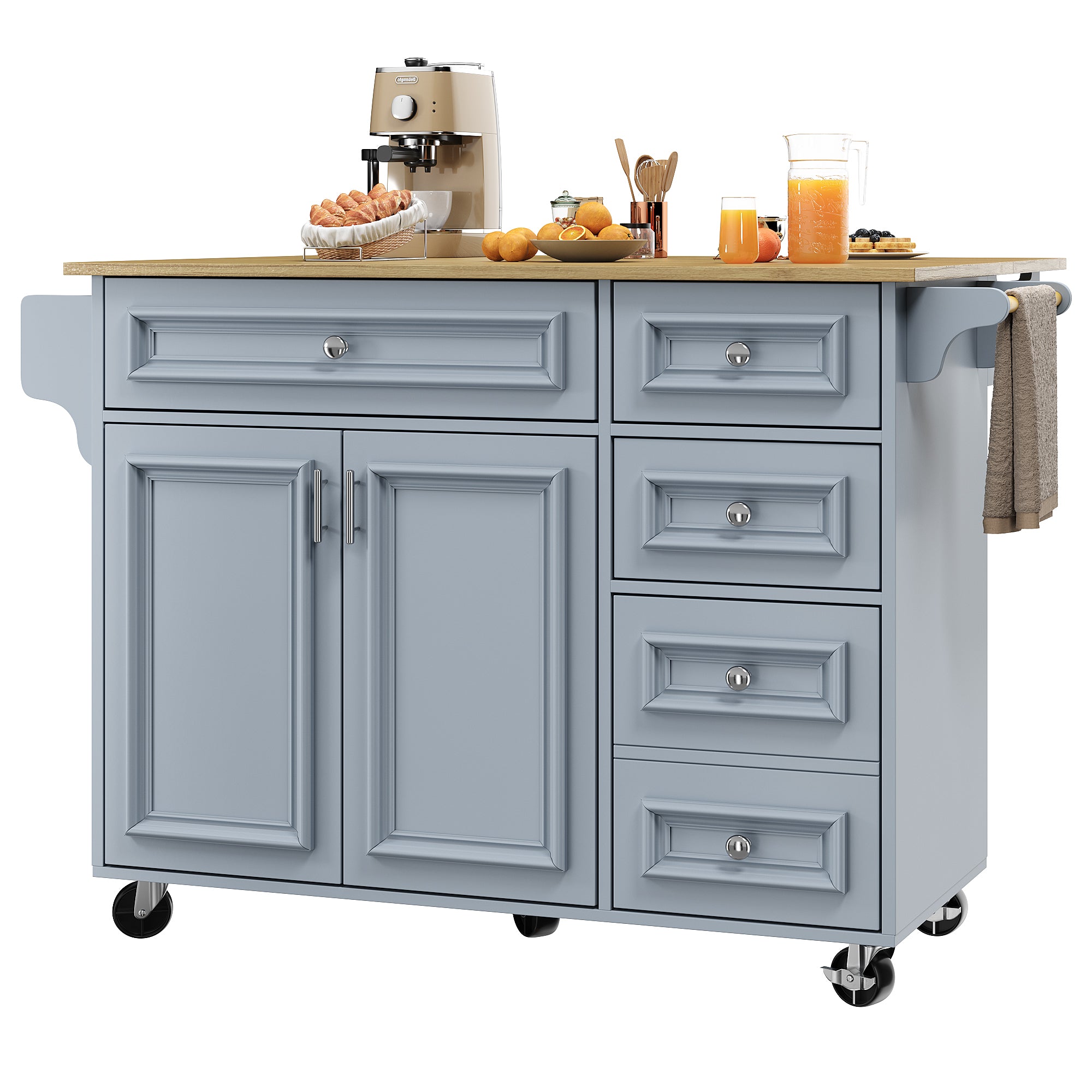Kitchen island (110×45-75×92cm), removable serving trolley buffet cabinet, dining trolley with vintage pattern, buffet cabinet, multifunctional dining table with storage space, Blue