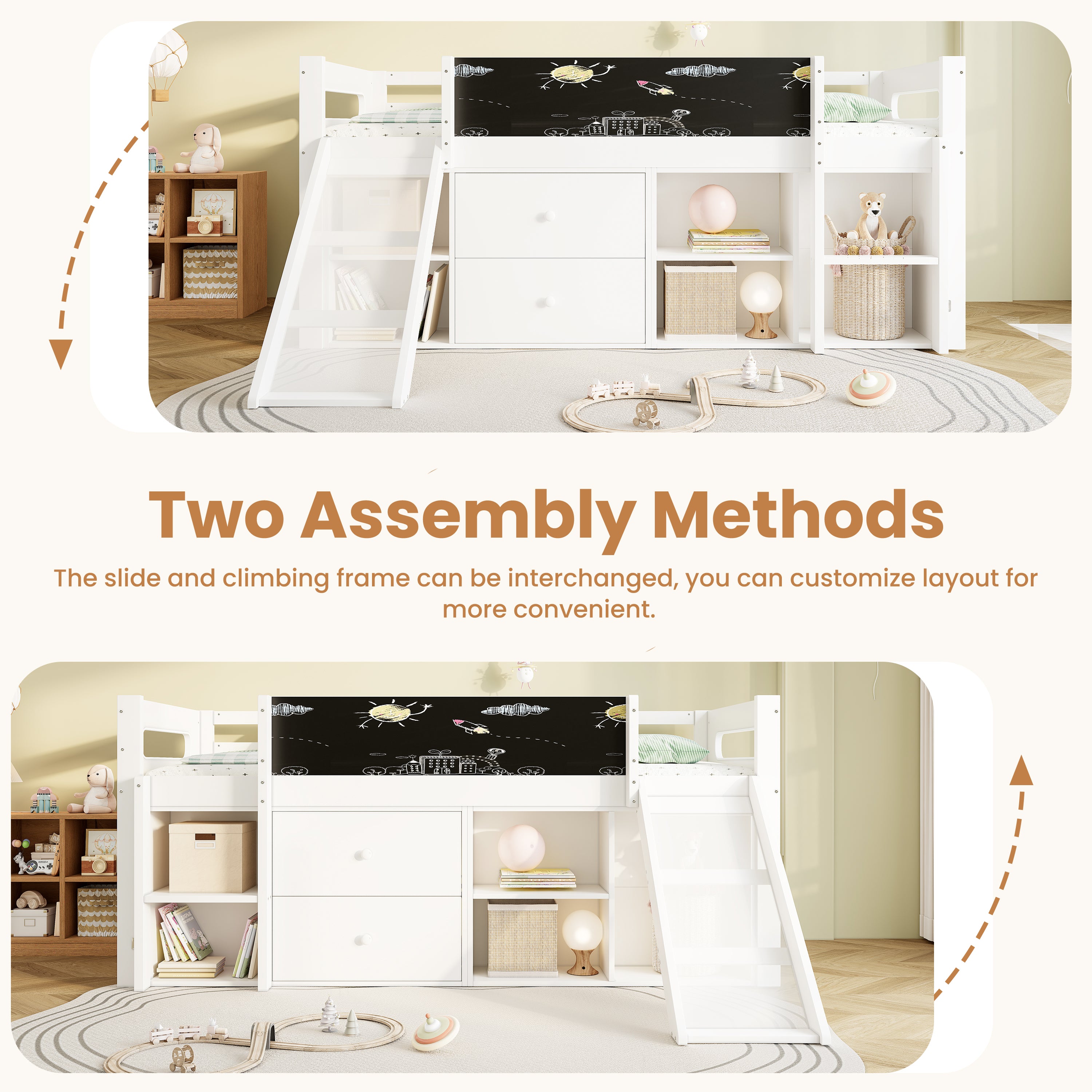 3ft Single Modern Wood Bed with Slide & Blackboard, Wooden Children's Cabin Bed with 2 Drawers & Storage Shelves, Interchangeable Ladder, Space-Saving Loft Bed, White (No Mattress)
