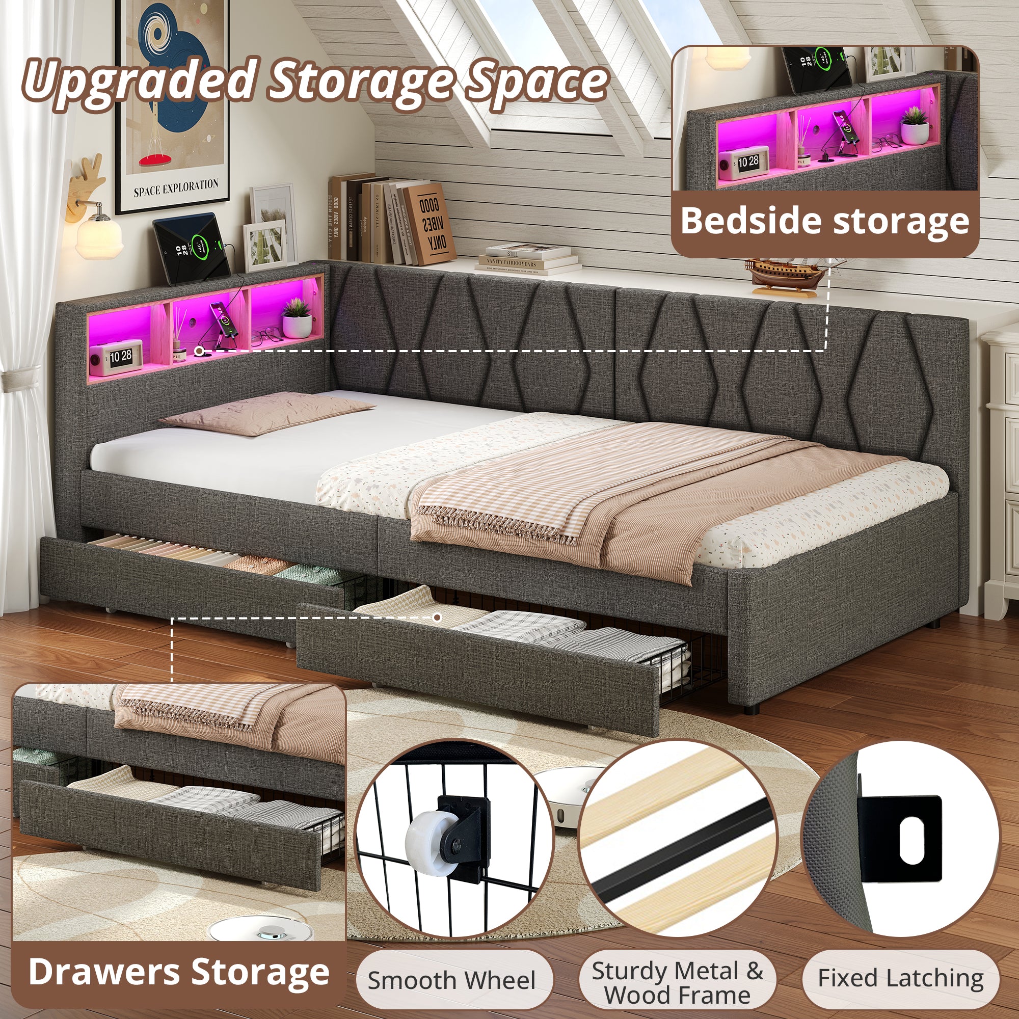 3ft Single Daybed with Two Storage Drawers, LED Modern Bed frame with Charging Station, Linen Sofa Bed for Living Room/ Bedroom/ Study Room, 90X190cm, Easy Assembly, Grey (No Mattress)