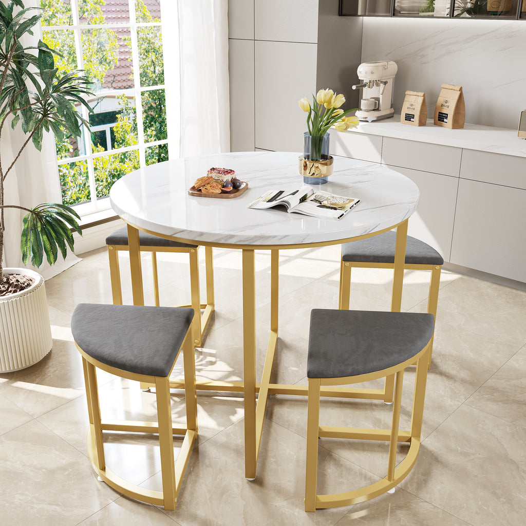 Modern metal frame round marble dining table and chair set (5 pieces) with 4 semi-circular stools, suitable for small apartments and restaurants