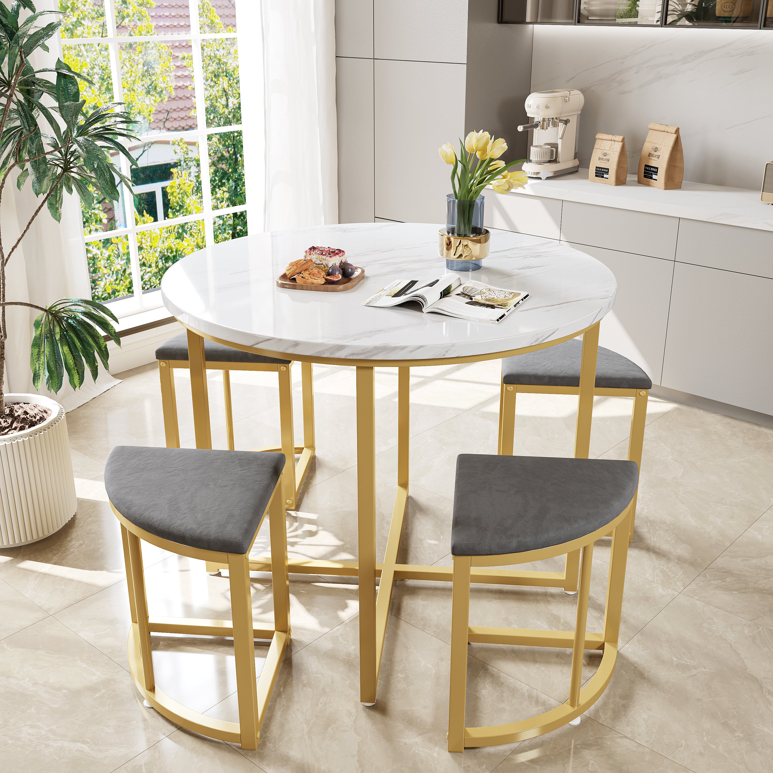 Modern metal frame round marble dining table and chair set (5 pieces) with 4 semi-circular stools, suitable for small apartments and restaurants