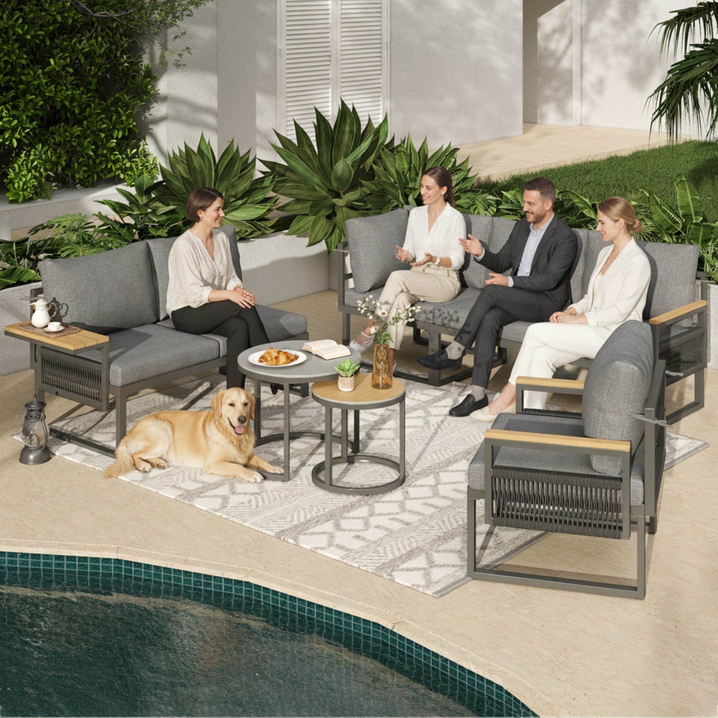 5-6 Seater Garden Furniture Set, Rope Woven Outdoor Corner Sofa with Matching Armchair, 2 Nesting Tempered Glass Coffee Tables and Adjustable Handrail Trays, Patio Lounge Set, Linen, Grey