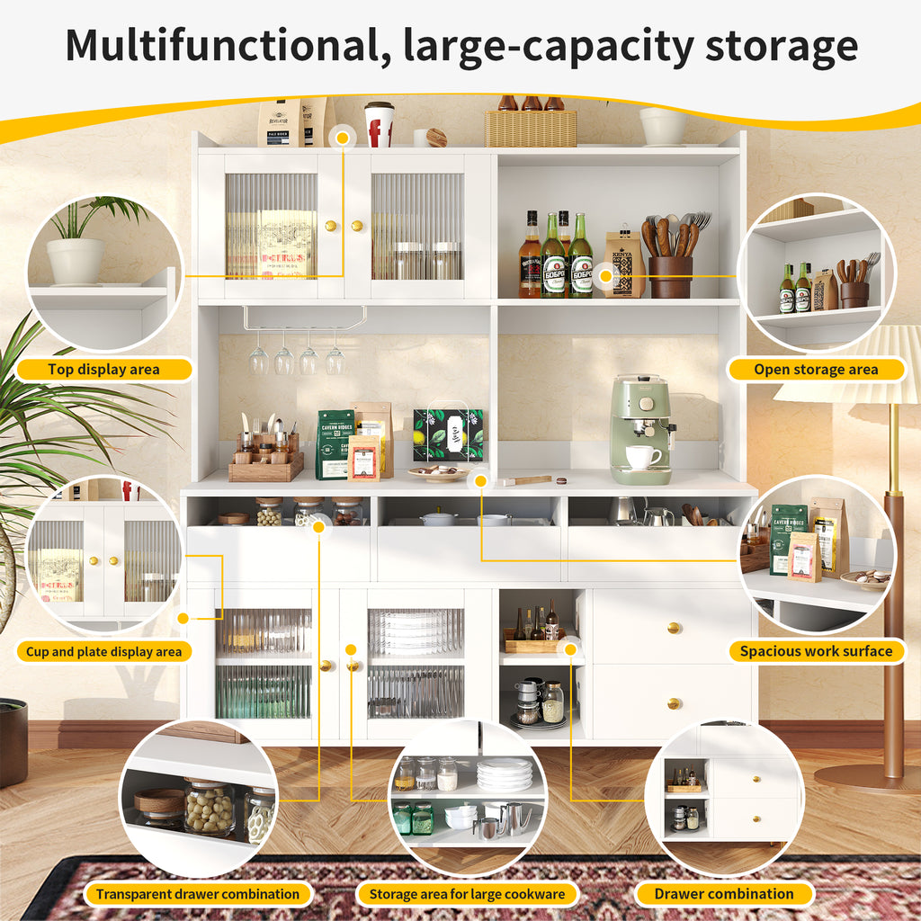 Multi-purpose Storage Cabinet(145 x 39 x 171 cm), Modern design, with Changhong glass door, Wine glass holder, Multi-layered storage space, White with gold decoration, Suitable for home and restaurant