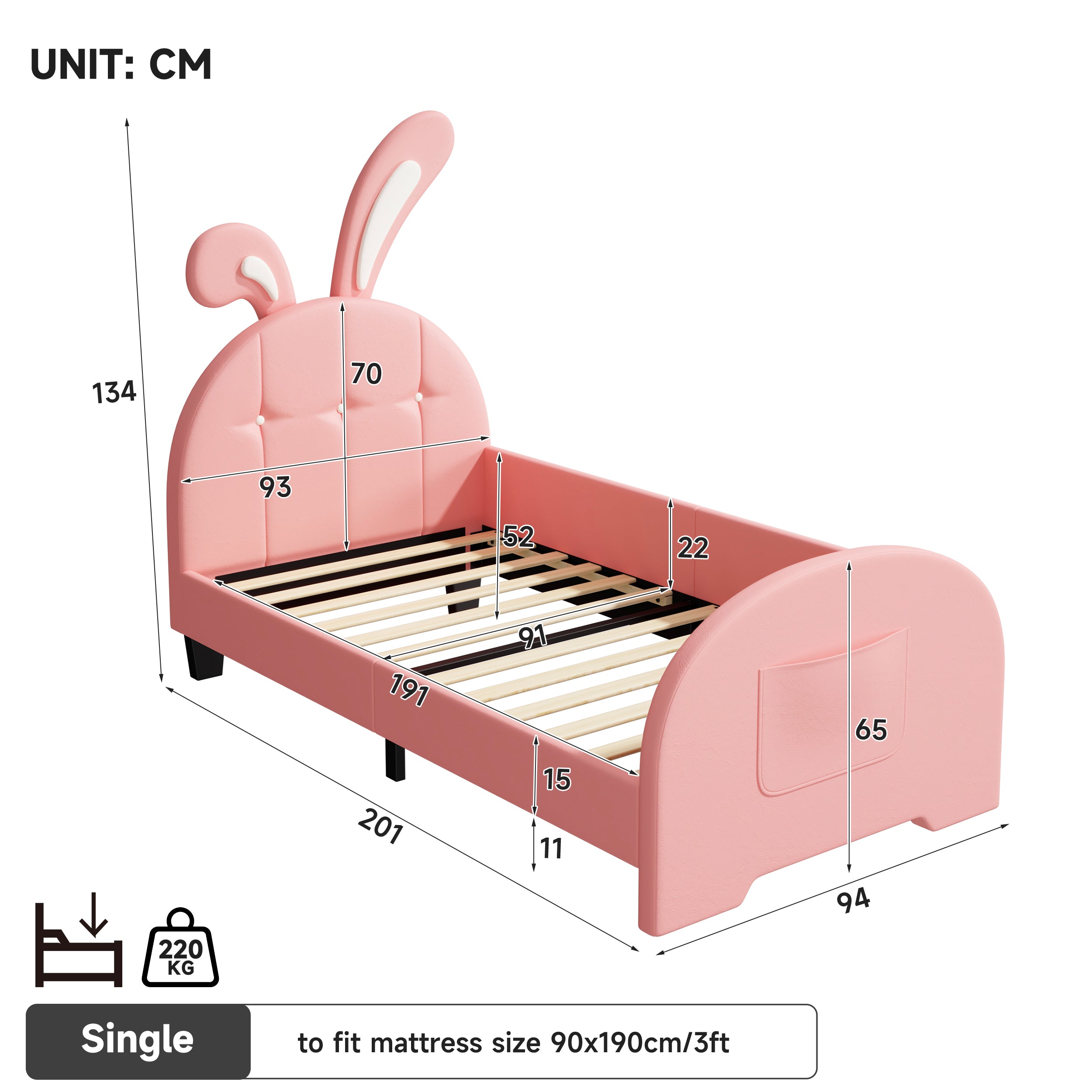 3ft Single Rabbit-Shaped Upholstered Bed Frame, Bunny Ear Headboard & Footboard Storage Pocket, Soft PU Leather Single Bed with Sturdy Metal-Wood Frame, Pink(No Mattress)