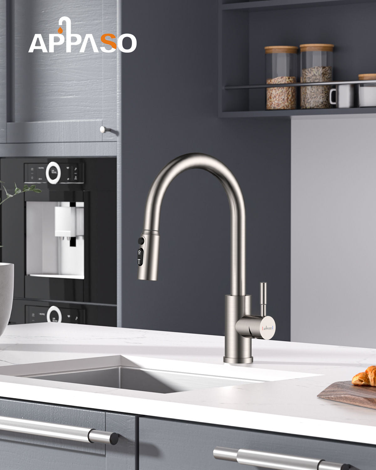 Brushed Stainless Pull-Out Kitchen Mixer Tap - 3 Spray Modes