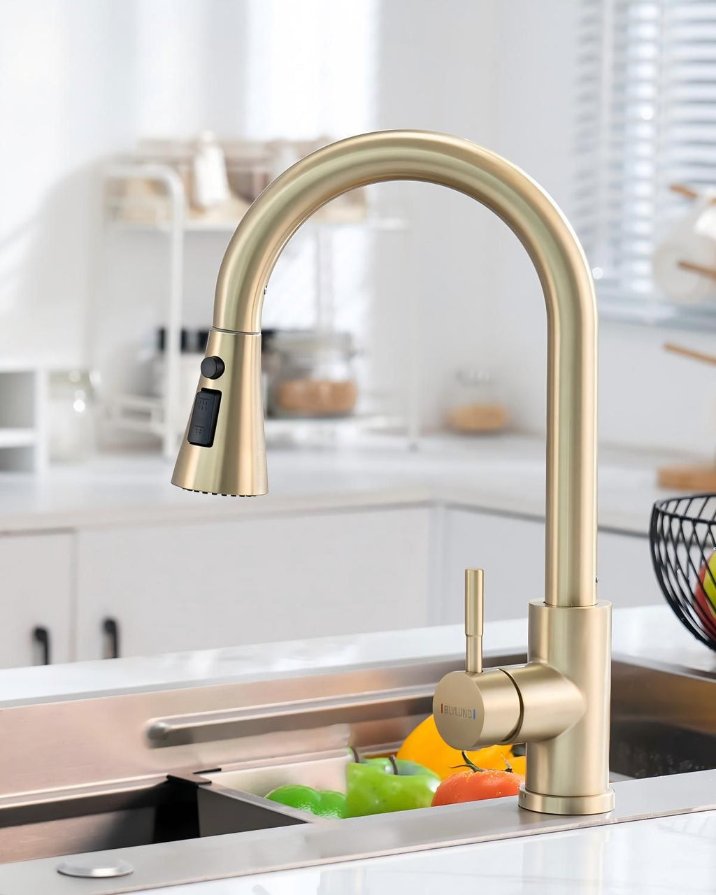 Brushed Gold High Arc Pull-Out Kitchen Mixer Tap