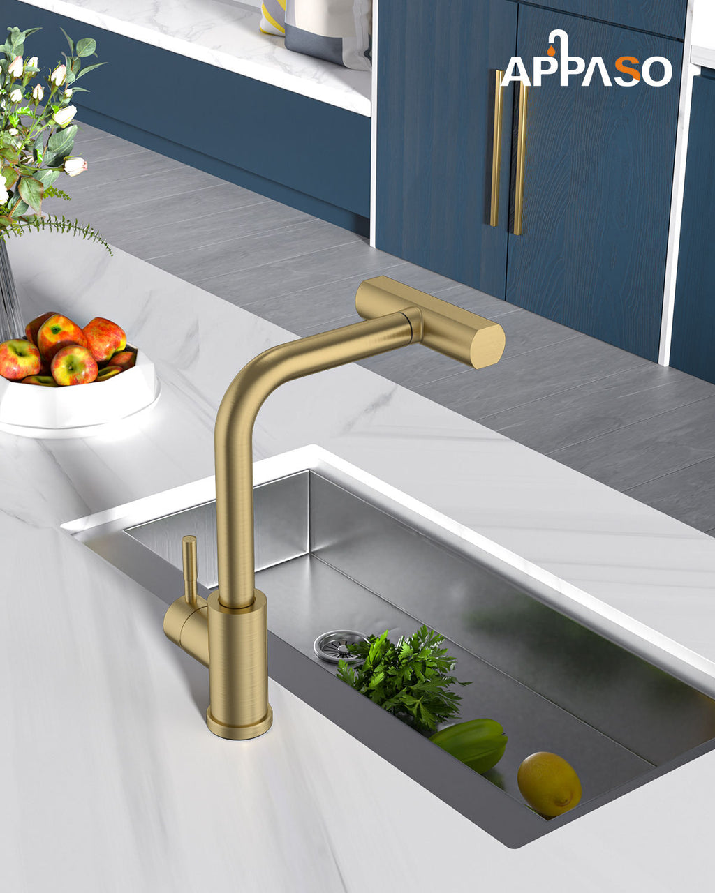 Brushed Gold Waterfall Pull-Out Kitchen Mixer Tap
