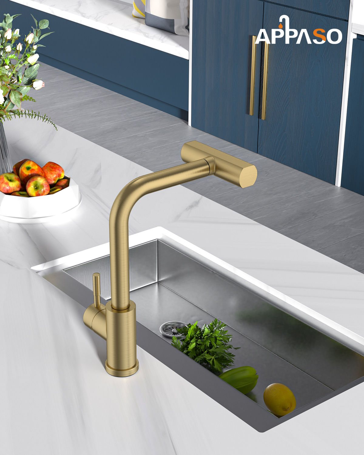 Brushed Gold Waterfall Pull-Out Kitchen Mixer Tap