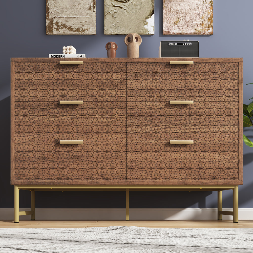 Embossed Design Sideboard Cabinet Dresser with 6 Drawers,  Anti-tip,  Sideboard for  Living Room, Hallway, Bedroom, and Children's Room, 120 x 40 x 75 cm, Walnut