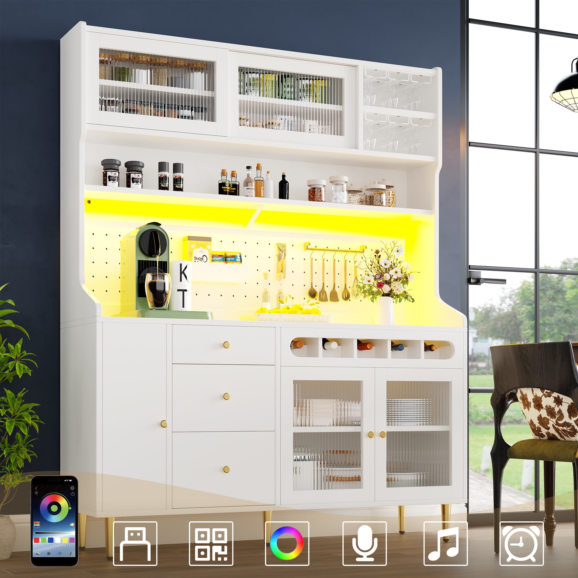 Highboard with Adjustable Shelves & LED Lights, Freestanding Storage Unit for Living Room Kitchen Dining, Tall cabinet with wine rack, Dimensions 145x39x171cm, White