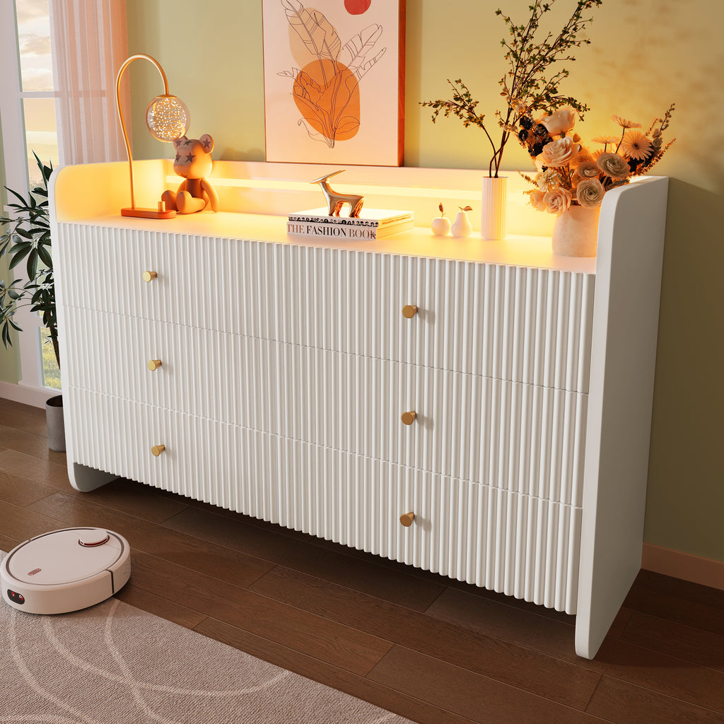 Fluted 6-Drawer Sideboard, Modern Storage Cabinet with RGB LED Lighting & Shelves,, Chest of Drawers for Living Room Bedroom Dining Room Office, 75x 120 x 40 cm, White