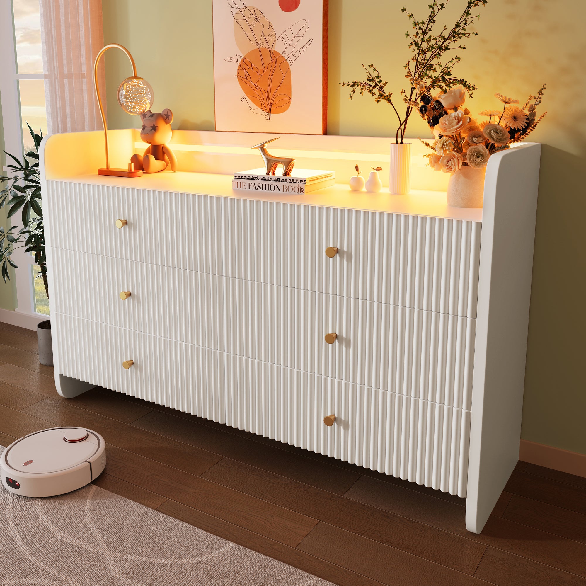 Fluted 6-Drawer Sideboard, Modern Storage Cabinet with RGB LED Lighting & Shelves,, Chest of Drawers for Living Room Bedroom Dining Room Office, 75x 120 x 40 cm, White