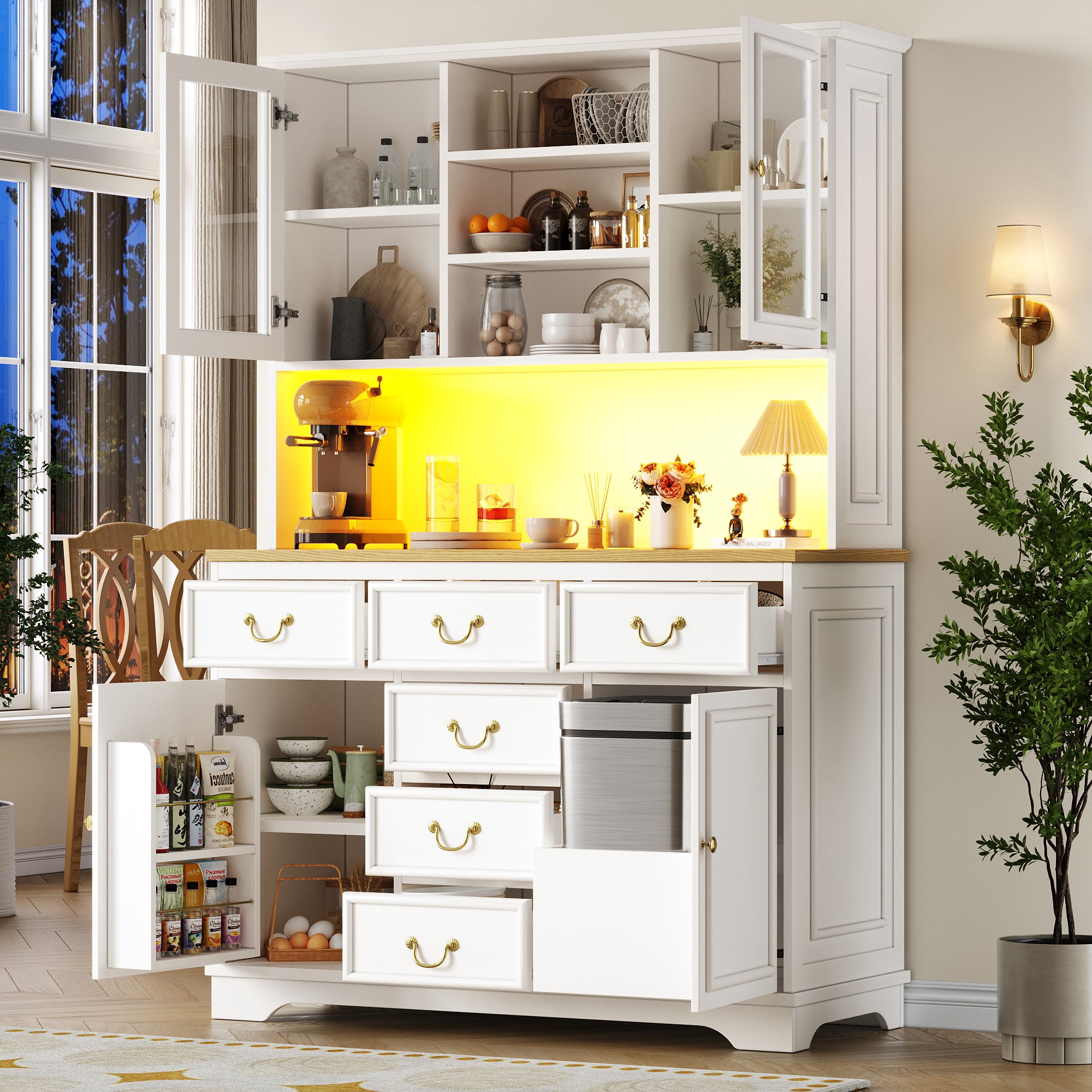 Tall kitchen cabinet with USB ports and sockets, sideboard with LED light strip, kitchen cabinet, storage cabinet with snack shelf doors, sideboard, waste bin can be installed, white