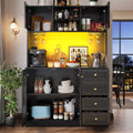 Sideboard / Storage Cabinet / Kitchen Cabinet / Buffet Cabinet, 120x40x188cm, Farmhouse Style, 4 Doors, with LED Light Strip & Drink Holders, Black/White (Fluted Glass Doors)