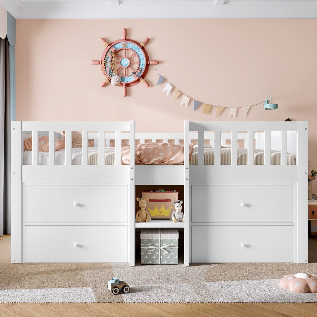 Low Loft Bed with Storage, Solid Wood Bed Frame with Drawer Storage, 3ft Single Bed with Guardrail, No Box Spring Needed, Saving-space Design for Bedroom, Modern Bed for Children, White (No Mattress)