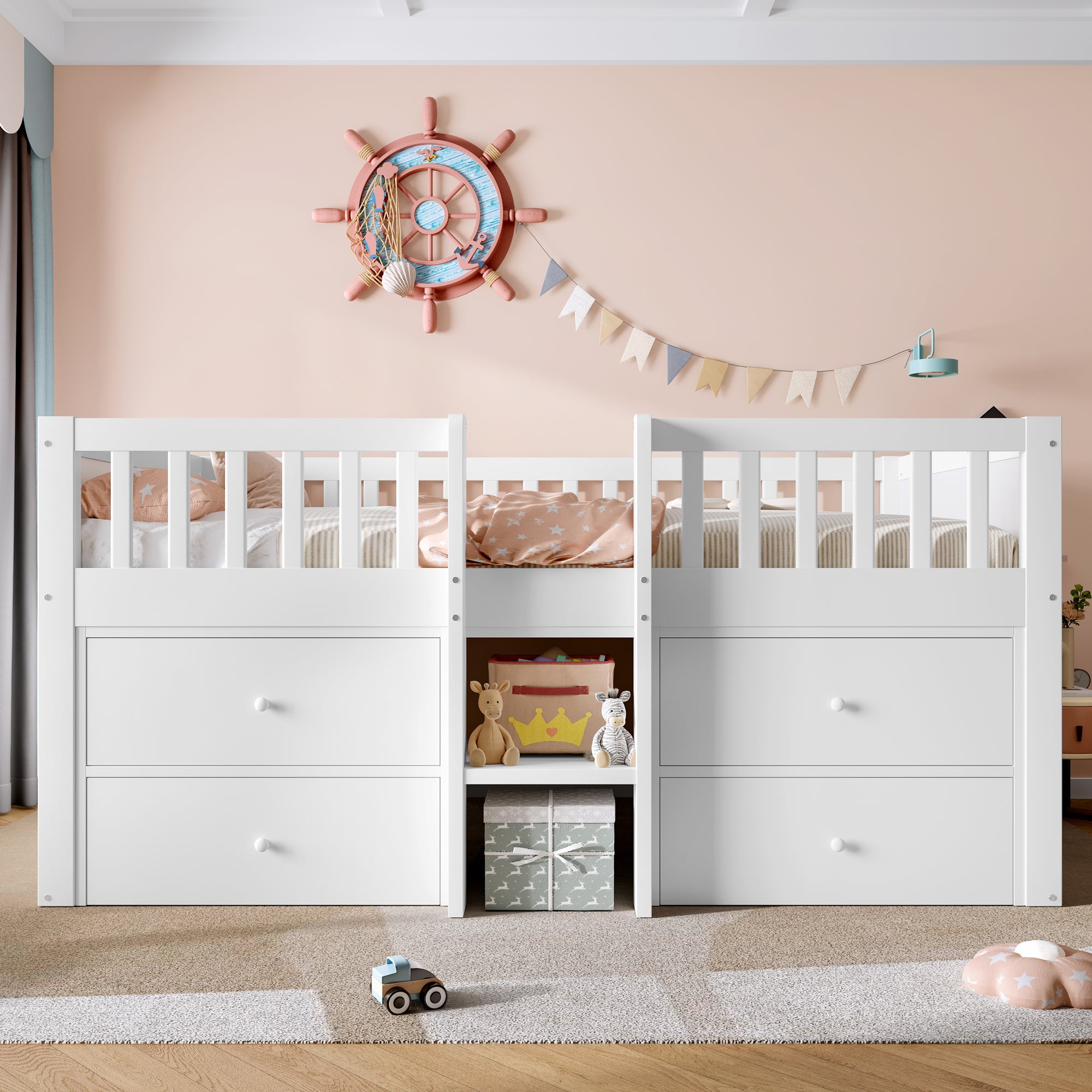 Low Loft Bed with Storage, Solid Wood Bed Frame with Drawer Storage, 3ft Single Bed with Guardrail, No Box Spring Needed, Saving-space Design for Bedroom, Modern Bed for Children, White (No Mattress)