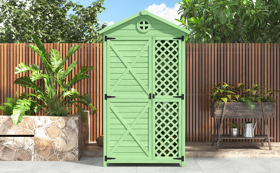 Outdoor Wood Garden Furniture Storage Shed, Tool House with Ventilation Slots for Backyard, Patio, Fade Free, All Weather Resistant, Safe and Secure, Zero Maintenance, Green