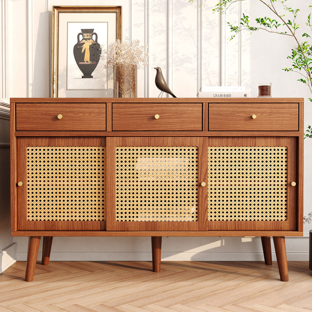 Modern sideboard 120*40*78cm, rattan door design, with 3 drawers and storage compartments, retro wooden sideboard, suitable for dining room and living room