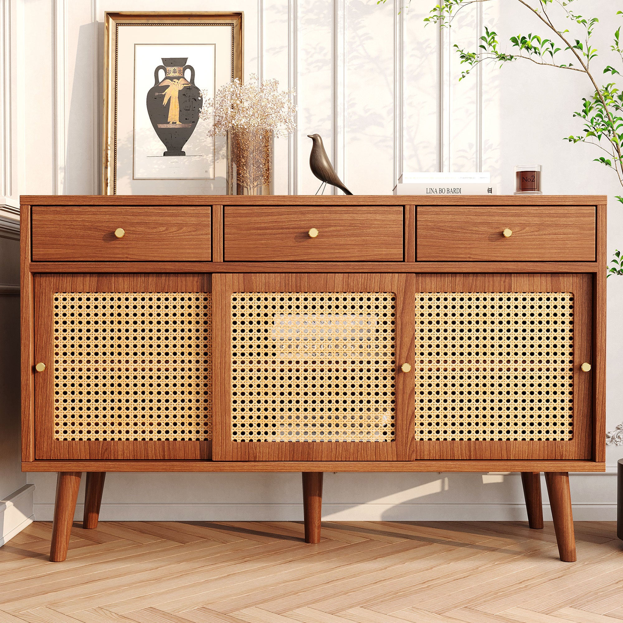 Modern sideboard 120*40*78cm, rattan door design, with 3 drawers and storage compartments, retro wooden sideboard, suitable for dining room and living room