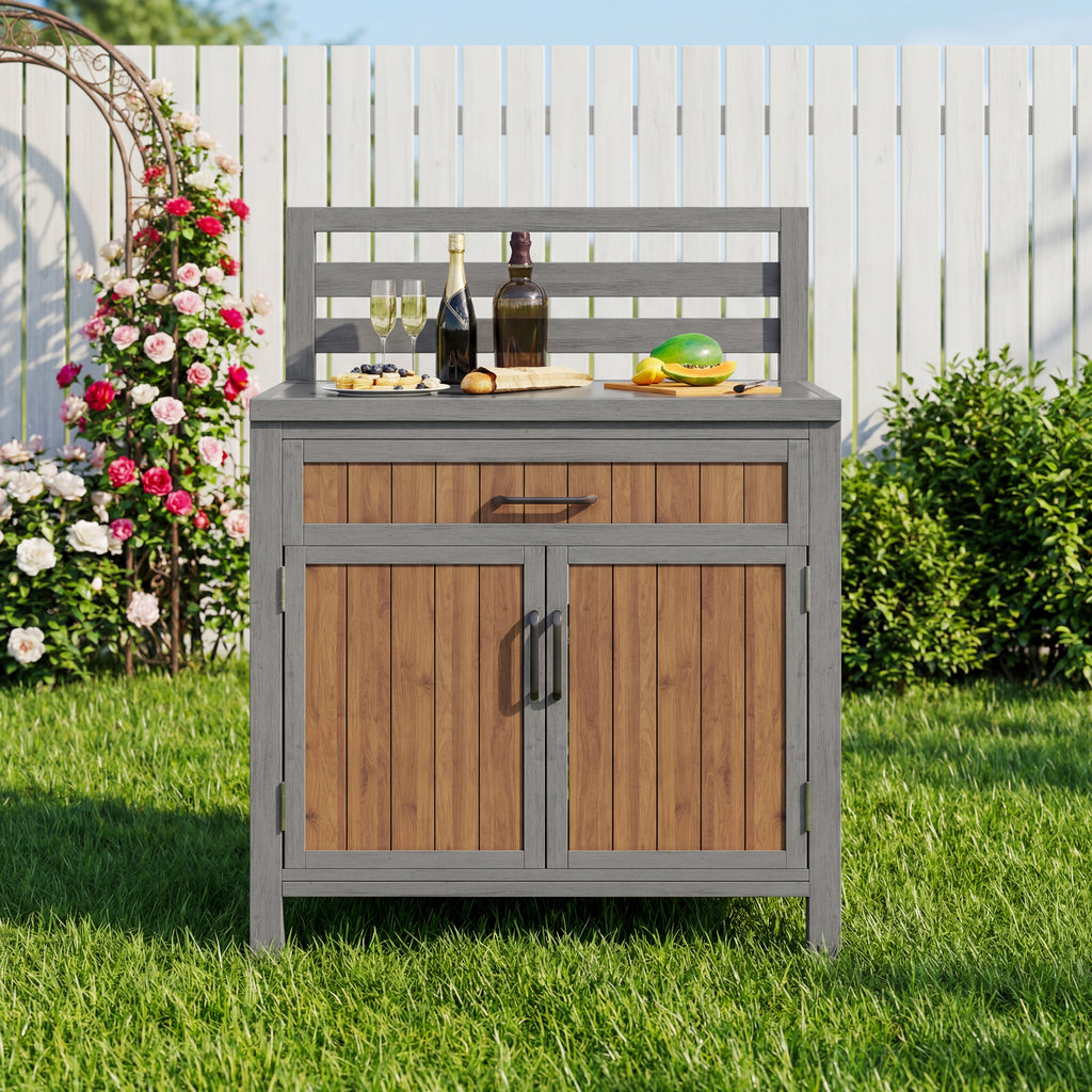 Wooden garden cabinet, weatherproof outdoor storage cabinet, outdoor cupboard with large work surface & drawer, grill station with adjustable shelves, weatherproof kitchen cabinet for patio, balcony