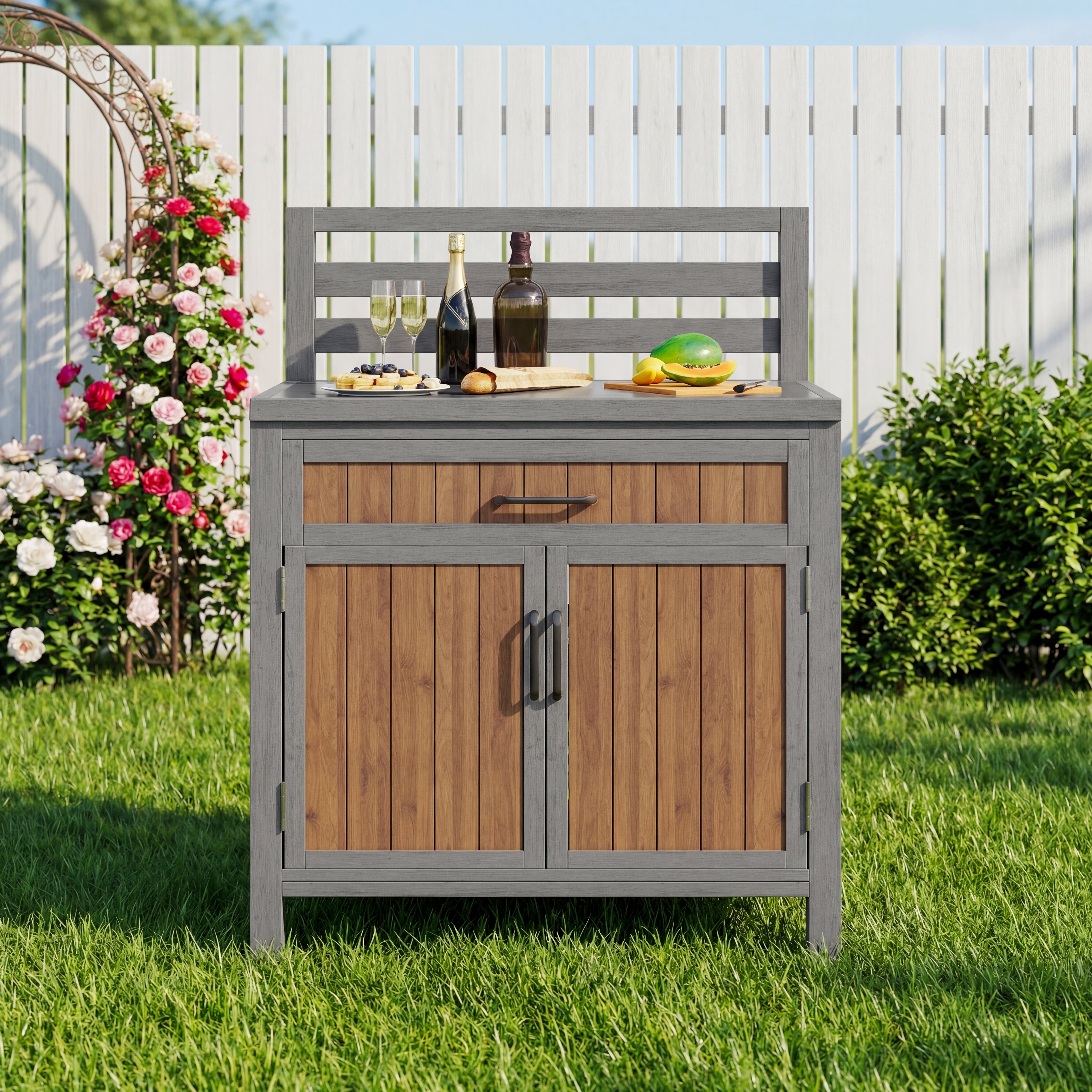 Wooden garden cabinet, weatherproof outdoor storage cabinet, outdoor cupboard with large work surface & drawer, grill station with adjustable shelves, weatherproof kitchen cabinet for patio, balcony