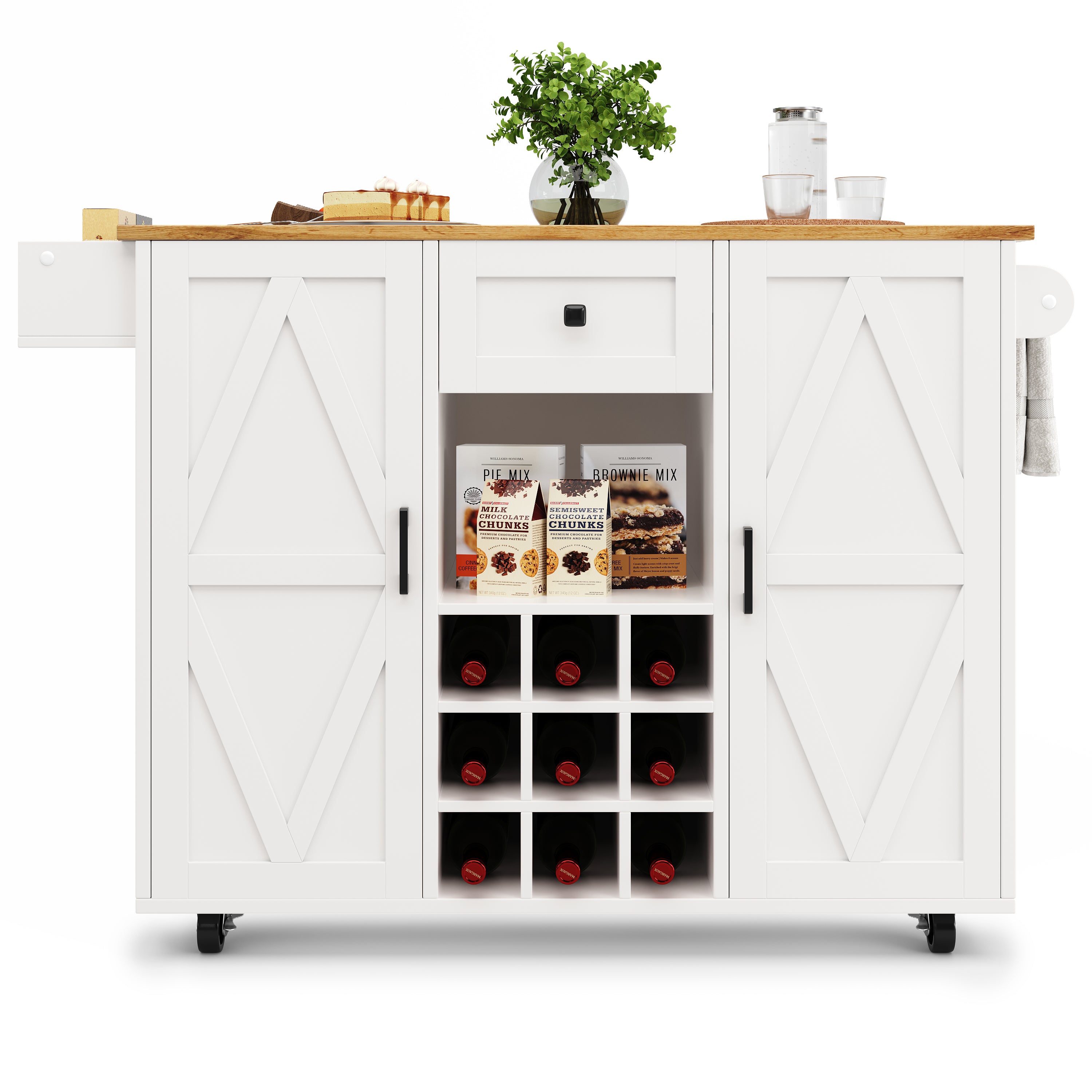 Modern kitchen island, kitchen cabinet, sideboard, serving trolley with wood grain, sideboard, multifunctional dining table with storage space, serving trolley with snack shelves and stretch function