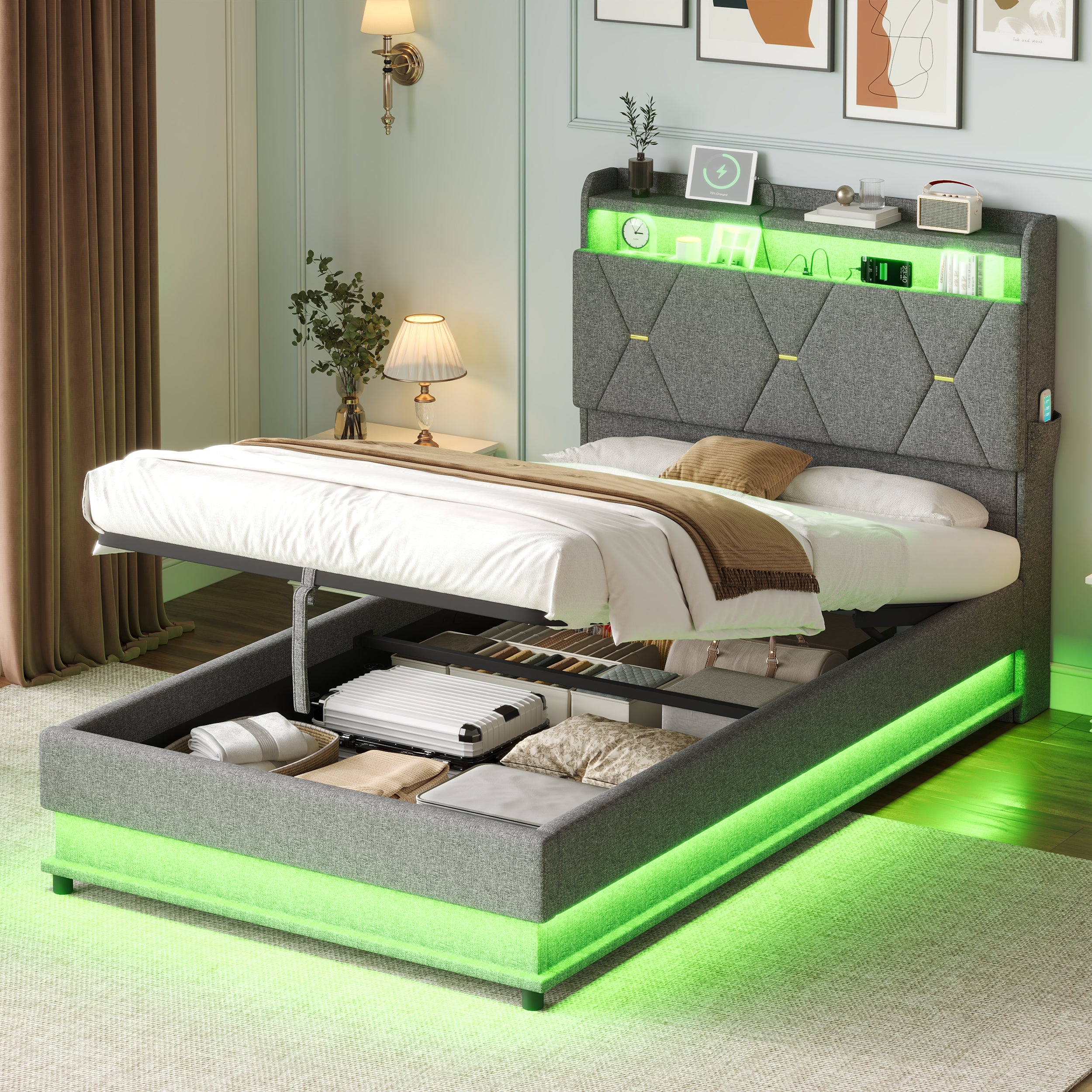 3ft Single Upholstered Bed Frame with Hydraulic Storage,  LED Headboard with Charging Station and Concealed Headboard Storage, USB and Type - C Ports, Linen, No Box Spring Needed, Grey (No Mattress)
