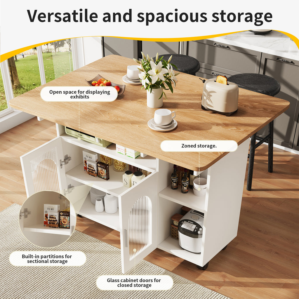 Kitchen island, kitchen cabinet, removable serving trolley, buffet cabinet, dining trolley with wood grain, buffet cabinet, multifunctional dining table with storage space, White