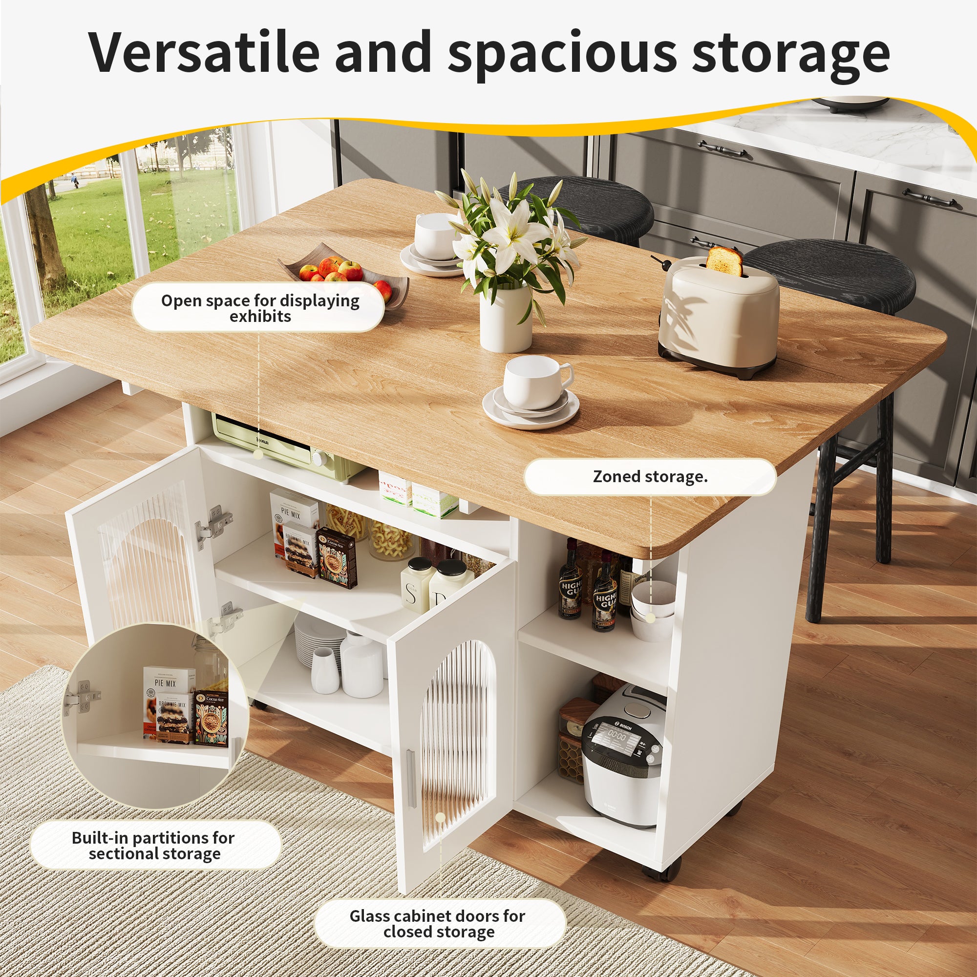 Kitchen island, kitchen cabinet, removable serving trolley, buffet cabinet, dining trolley with wood grain, buffet cabinet, multifunctional dining table with storage space, White